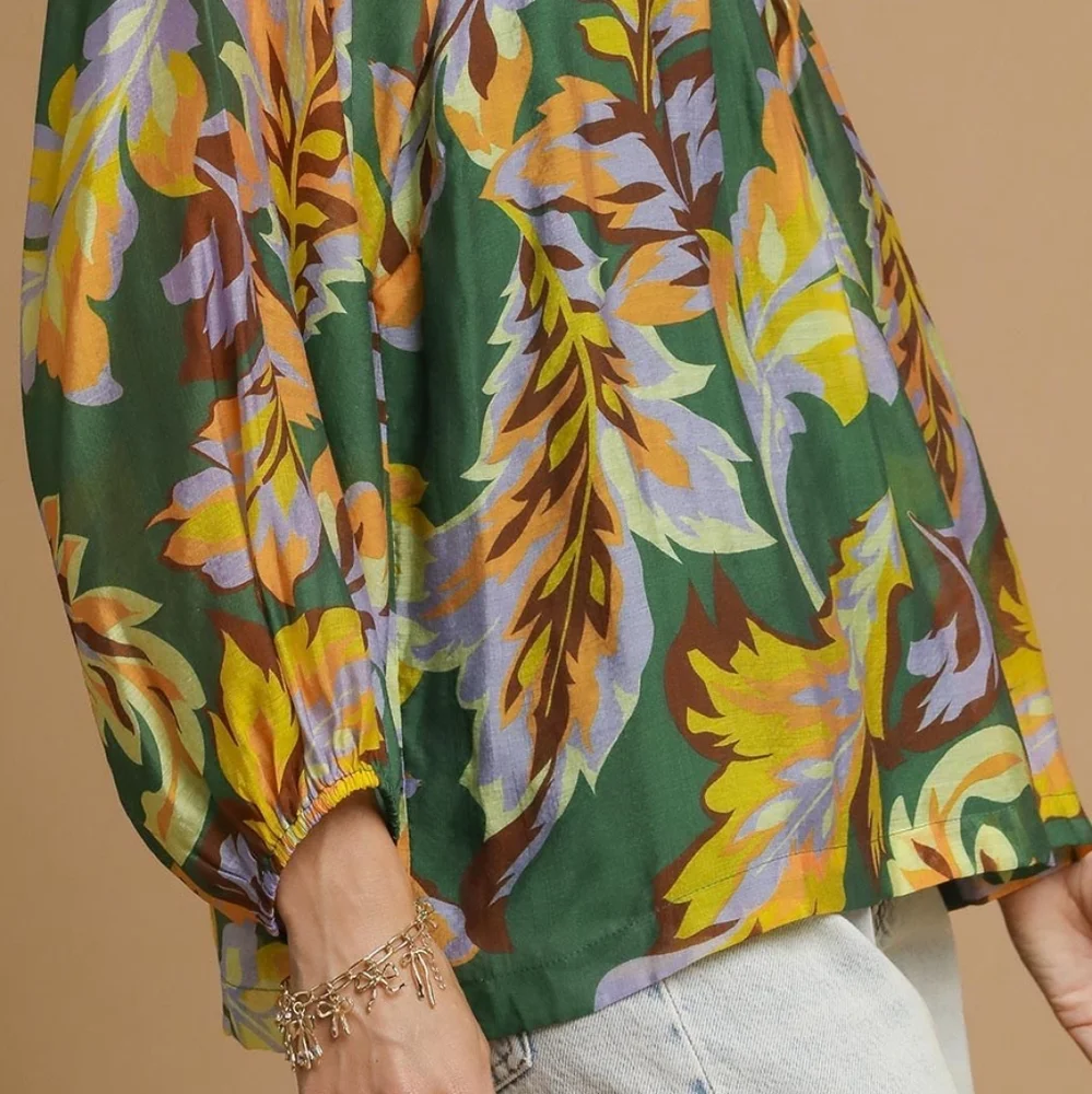 Umgee Retro Abstract Shirt Pleated 70s Round Neck Top Long Balloon Sleeve Blouse - Picture 15 of 16